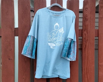 Buddhist BELL SLEEVE T Shirt Light Blue Buddha Ancient Peace Symbol Shirt Upcycled Clothing Recycled Hippie Clothes Maximalist Boho XL