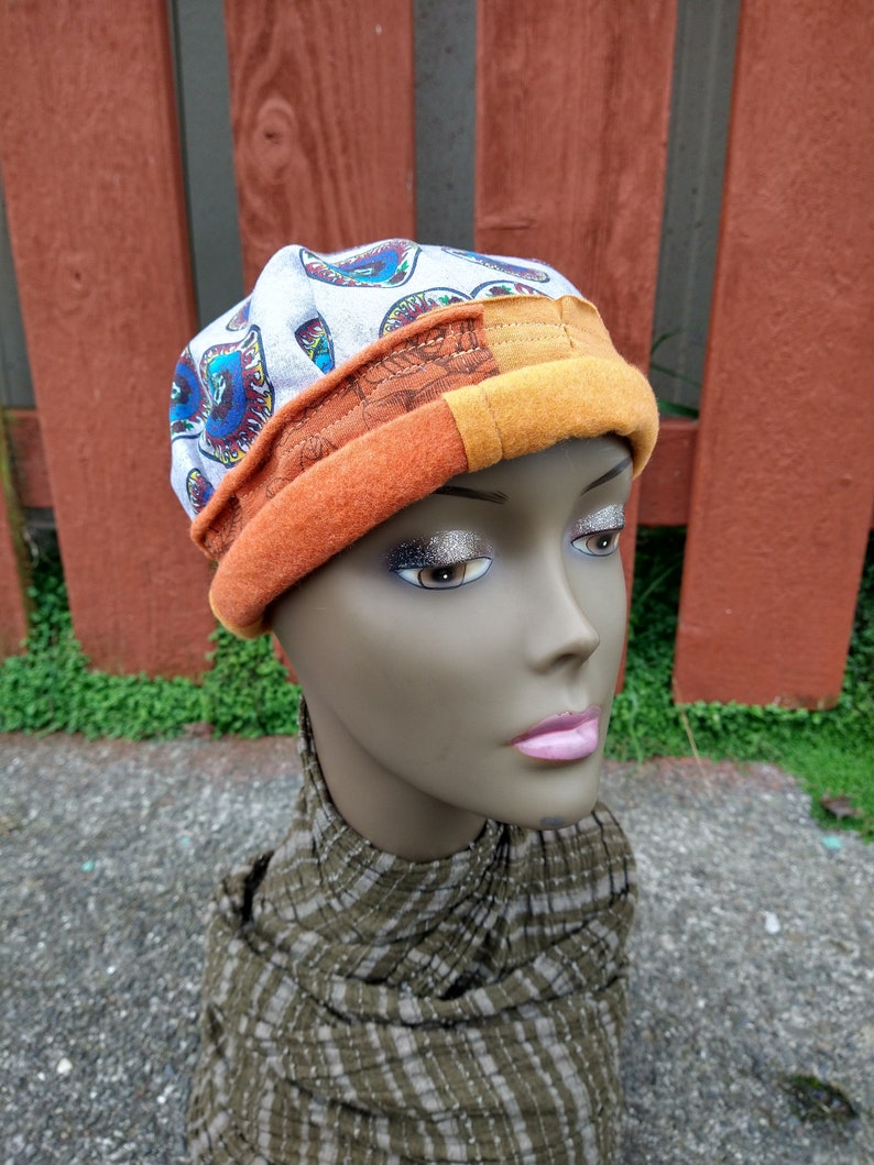 BERTHA HAT Handmade Grateful Dead Cap Adjustable Rolled Rim Stretchy Gold Skull Beanie Upcycled Recycled Hippie Clothes Festival Tour M image 8