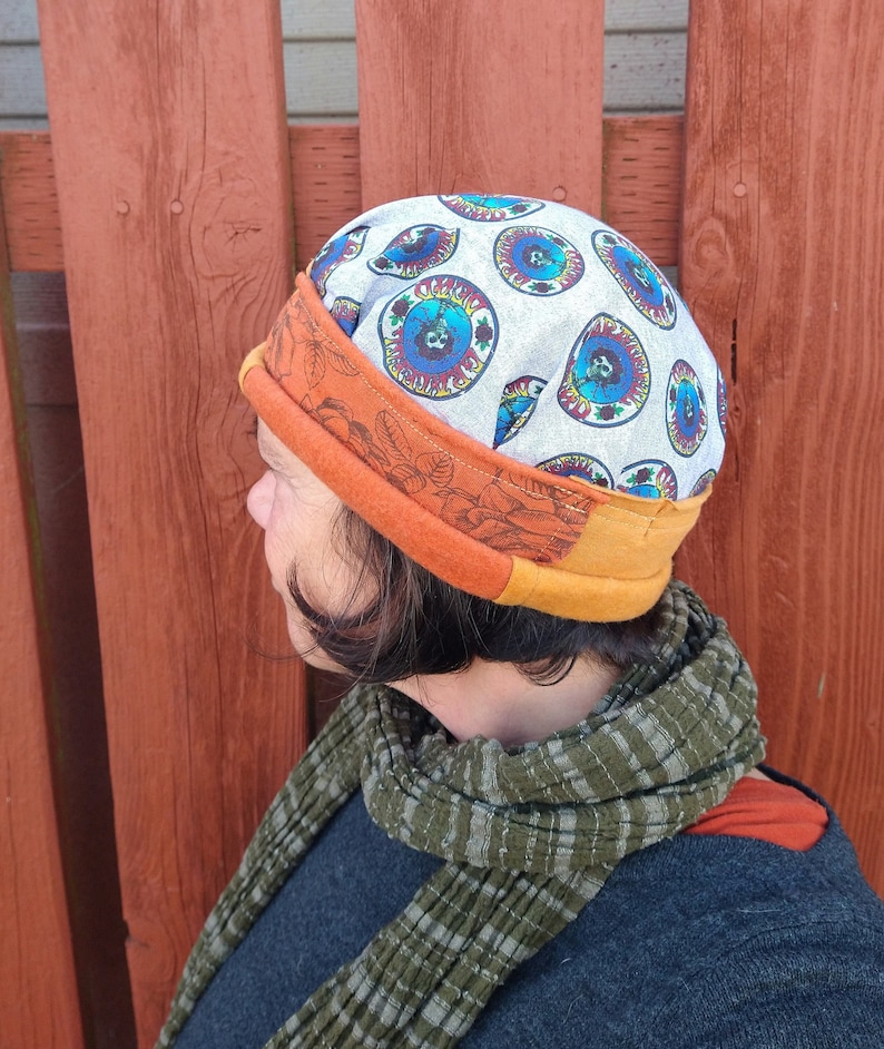 BERTHA HAT Handmade Grateful Dead Cap Adjustable Rolled Rim Stretchy Gold Skull Beanie Upcycled Recycled Hippie Clothes Festival Tour M image 1