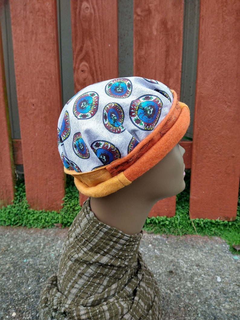 BERTHA HAT Handmade Grateful Dead Cap Adjustable Rolled Rim Stretchy Gold Skull Beanie Upcycled Recycled Hippie Clothes Festival Tour M image 7