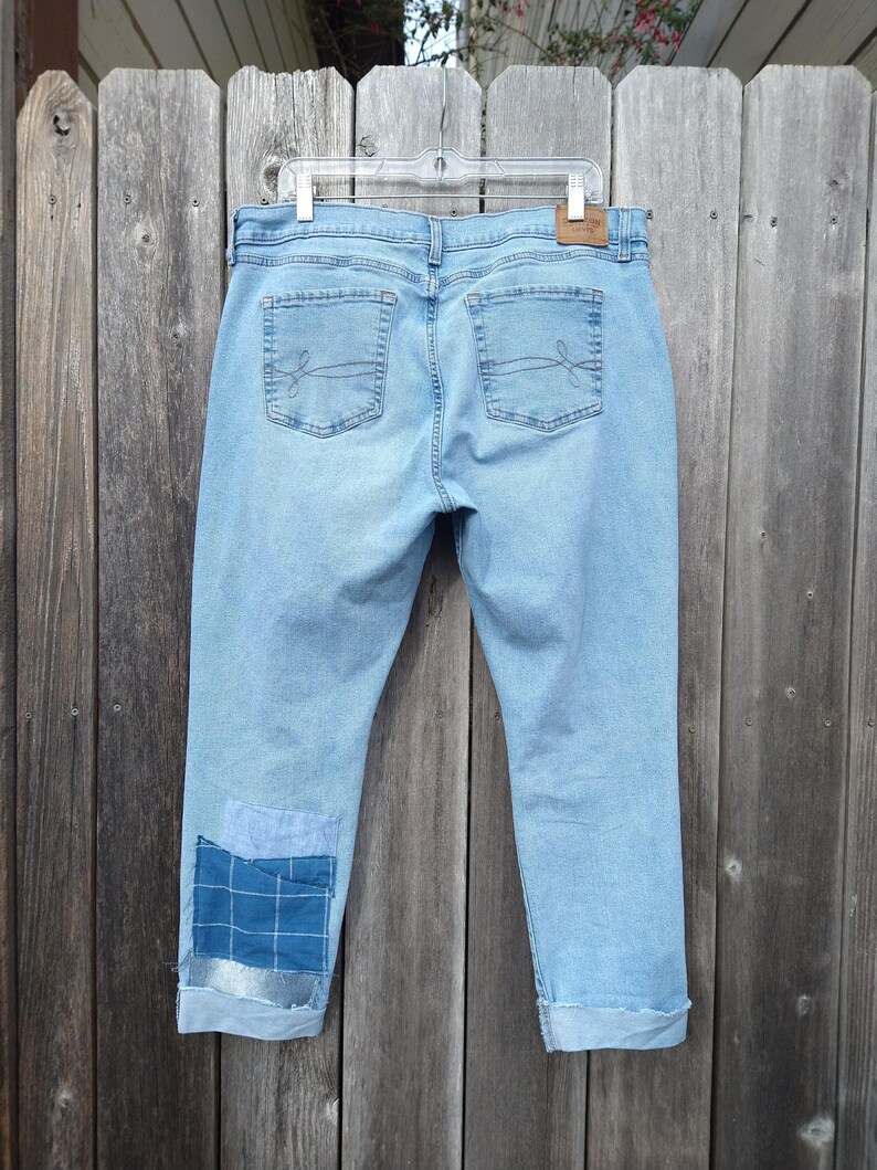 Women's Patched Jeans 14 ~ Boyfriend Style Ripped Knees Blue Green Patchwork Hippie Boho Pants image 8