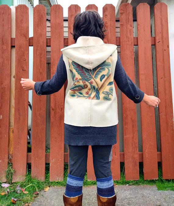 Embroidered Bird Faux Sheepskin Hooded Vest, Upcycled Boho Clothing (Size Small)