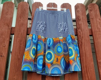 STRIPE CIRCLE SKIRT Batik Circles Pattern Blue White Mix Match Upcycled Hippie Fun Beach Recycled Diamond Pockets Stretch Waist Full 1X 16W