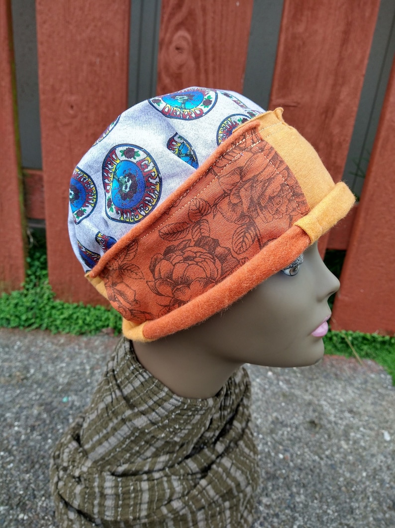 BERTHA HAT Handmade Grateful Dead Cap Adjustable Rolled Rim Stretchy Gold Skull Beanie Upcycled Recycled Hippie Clothes Festival Tour M image 3