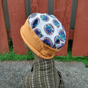 BERTHA HAT Handmade Grateful Dead Cap Adjustable Rolled Rim Stretchy Gold Skull Beanie Upcycled Recycled Hippie Clothes Festival Tour M image 9