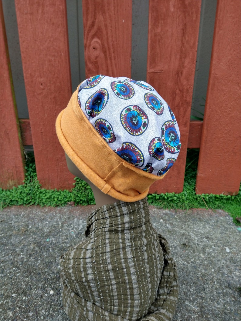 BERTHA HAT Handmade Grateful Dead Cap Adjustable Rolled Rim Stretchy Gold Skull Beanie Upcycled Recycled Hippie Clothes Festival Tour M image 9