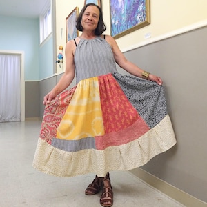 Country Patchwork Dress M Black White Check Tank Pink Paisley Yellow Tie Dye Full Skirt Maxi Summer Hippie Farm Chic Upcycled Spinner Dress