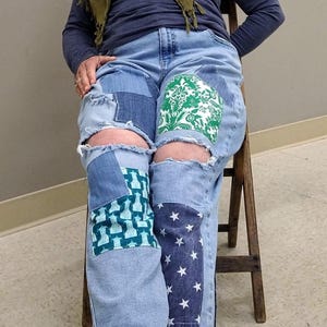 Women's Patched Jeans 14 ~ Boyfriend Style Ripped Knees Blue Green Patchwork Hippie Boho Pants