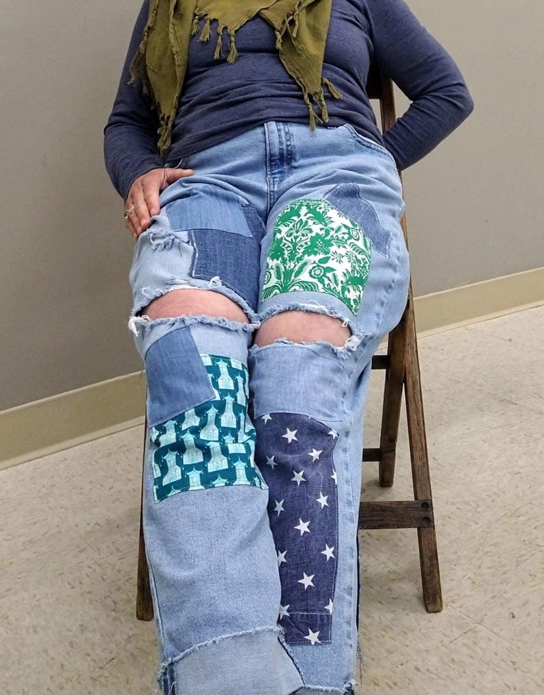 Women's Patched Jeans 14 ~ Boyfriend Style Ripped Knees Blue Green Patchwork Hippie Boho Pants image 1