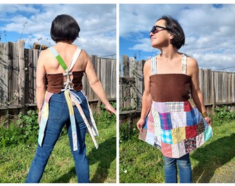 Hippie APRON TOP Vintage Patchwork Open Cinch Back Brown Cord Handmade Grateful Dead Tour Clothes Festival Wear Country Adj. Size XL