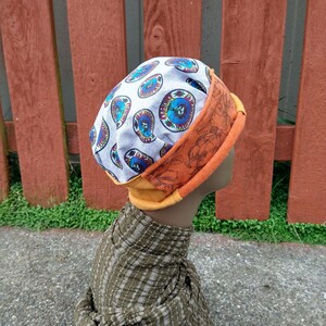 BERTHA HAT Handmade Grateful Dead Cap Adjustable Rolled Rim Stretchy Gold Skull Beanie Upcycled Recycled Hippie Clothes Festival Tour M image 4