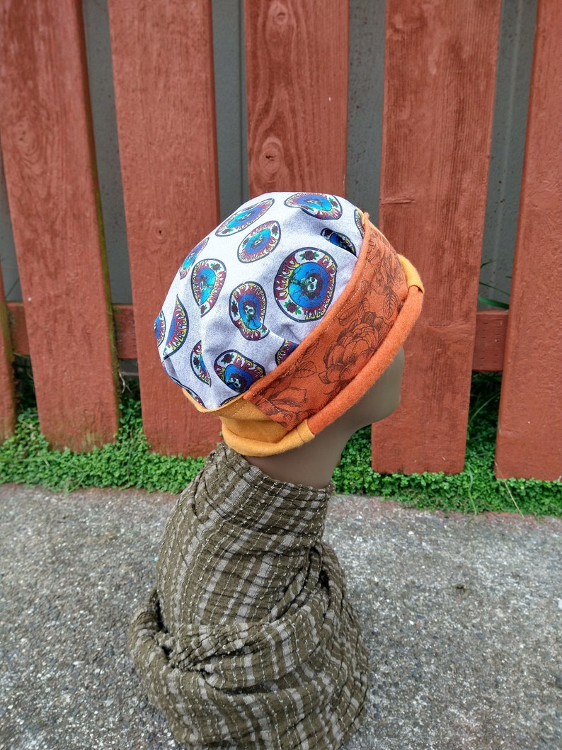 BERTHA HAT Handmade Grateful Dead Cap Adjustable Rolled Rim Stretchy Gold Skull Beanie Upcycled Recycled Hippie Clothes Festival Tour M image 4