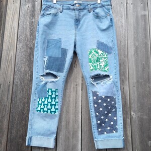 Women's Patched Jeans 14 ~ Boyfriend Style Ripped Knees Blue Green Patchwork Hippie Boho Pants image 7
