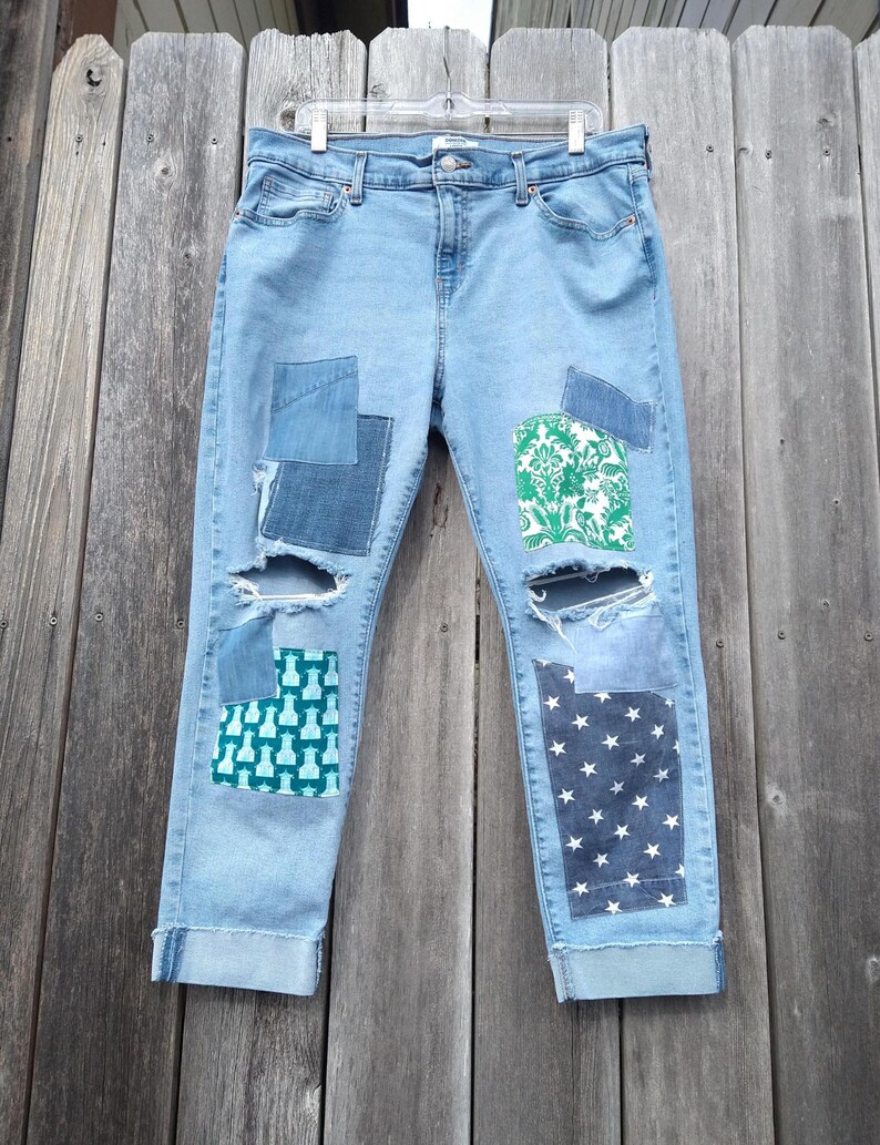 Women's Patched Jeans 14 ~ Boyfriend Style Ripped Knees Blue Green Patchwork Hippie Boho Pants image 7