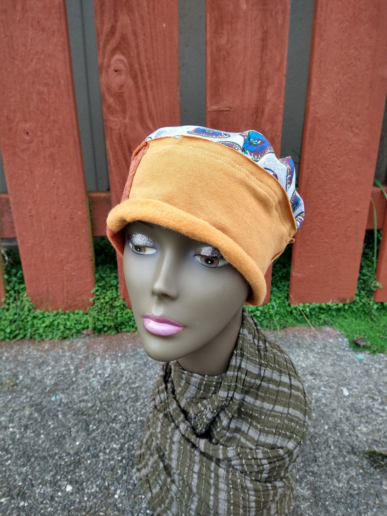 BERTHA HAT Handmade Grateful Dead Cap Adjustable Rolled Rim Stretchy Gold Skull Beanie Upcycled Recycled Hippie Clothes Festival Tour M image 6