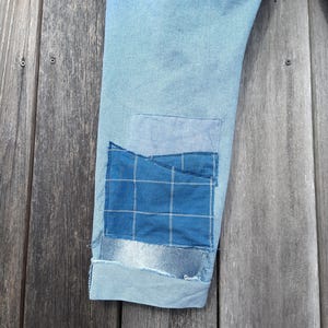 Women's Patched Jeans 14 ~ Boyfriend Style Ripped Knees Blue Green Patchwork Hippie Boho Pants image 9