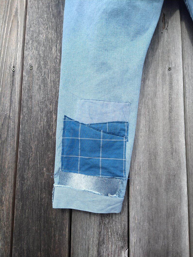 Women's Patched Jeans 14 ~ Boyfriend Style Ripped Knees Blue Green Patchwork Hippie Boho Pants image 9