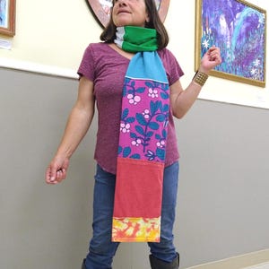 Multicolor Patchwork Scarf Long 'Colorful World' Soft Multi Pattern Made of Recycled T Shirts Upcycled Hippie