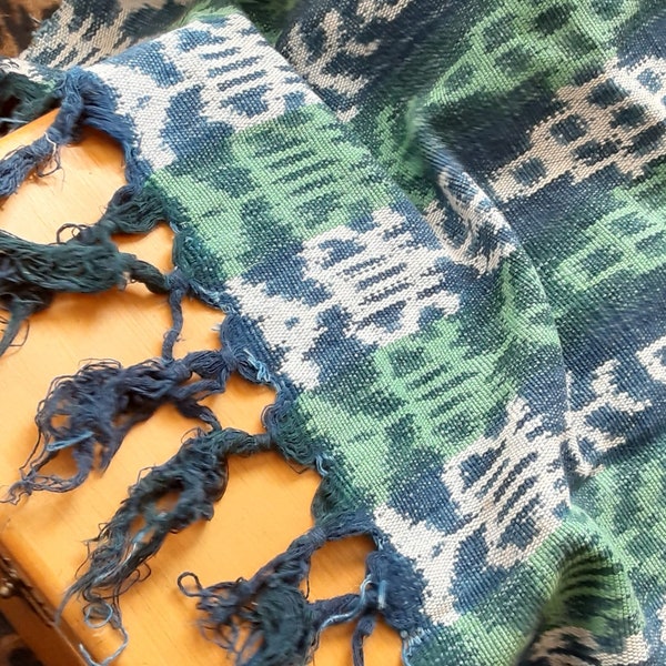 On Sale- Antique Indonesian Indigo Ikat, sarong, scarf or wall hanging, loomed ikat with natural dyes, blue green shades, length 94 inches