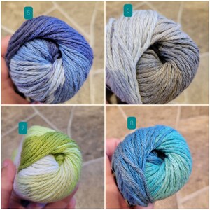 May include: Four skeins of yarn in different color combinations. The yarn is a light blue and white mix, a light blue and gray mix, a light green and white mix, and a light blue and turquoise mix.