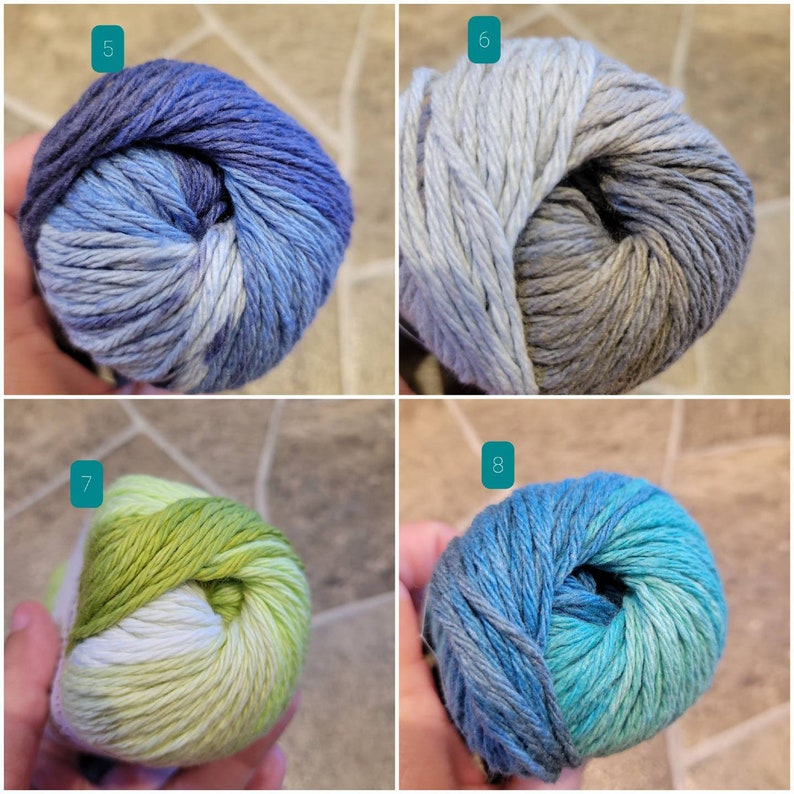 May include: Four skeins of yarn in different color combinations. The yarn is a light blue and white mix, a light blue and gray mix, a light green and white mix, and a light blue and turquoise mix.