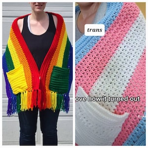 shawl, pocket shawl, readers wrap, pocket wrap, each made to order,   FREE SHIPPING (100% acrylic) rainbow and trans....lgbt flags