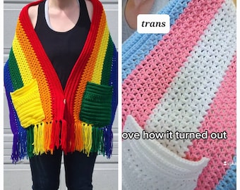 shawl, pocket shawl, readers wrap, pocket wrap, each made to order,   FREE SHIPPING (100% acrylic) rainbow and trans....lgbt flags