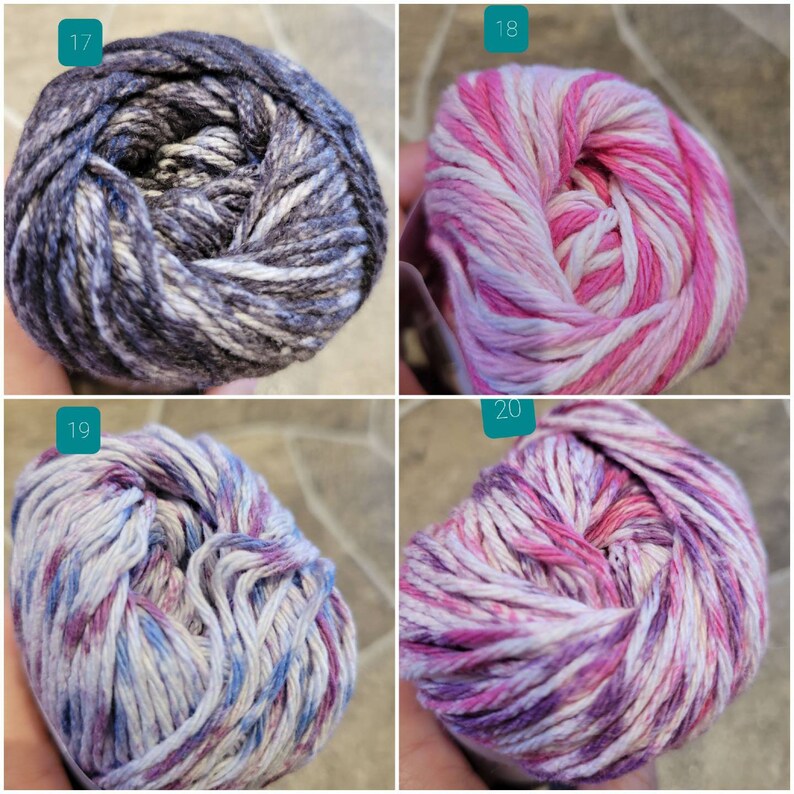 May include: Four skeins of yarn in different color combinations. The yarn is a variegated blend of white, pink, purple, and gray.