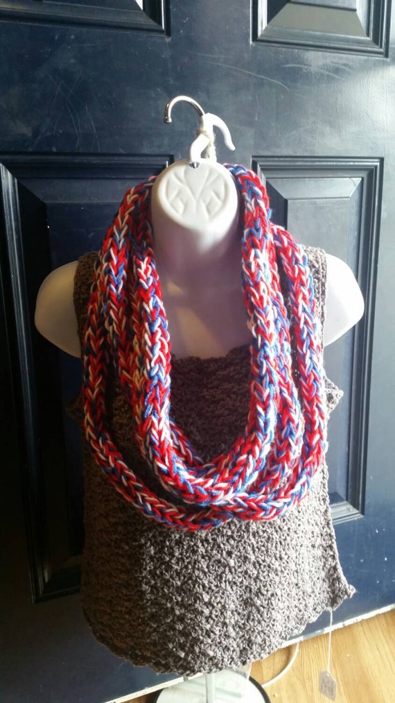 Finger Knit Infinity Scarf red White and Blue Handcrafted | Etsy