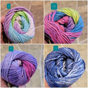 May include: Four skeins of yarn in different color combinations. The yarn is a soft, multi-colored cotton blend. The skeins are labeled 9, 10, 11, and 12.