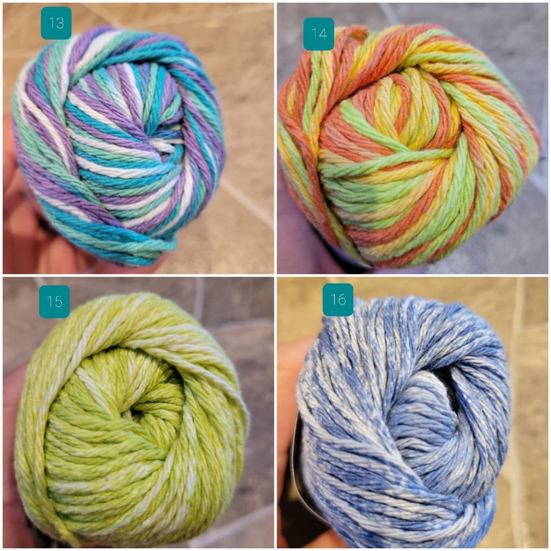 May include: Four skeins of yarn in different color combinations. The yarn is a variegated blend of white, blue, green, and orange.