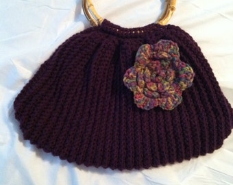 Flowered purple purse, bags and purses, woman's bag, handbag, wooden handled bag