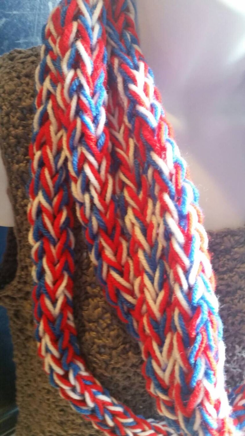 Finger Knit Infinity Scarf (red, White and Blue), Handcrafted Knit ...