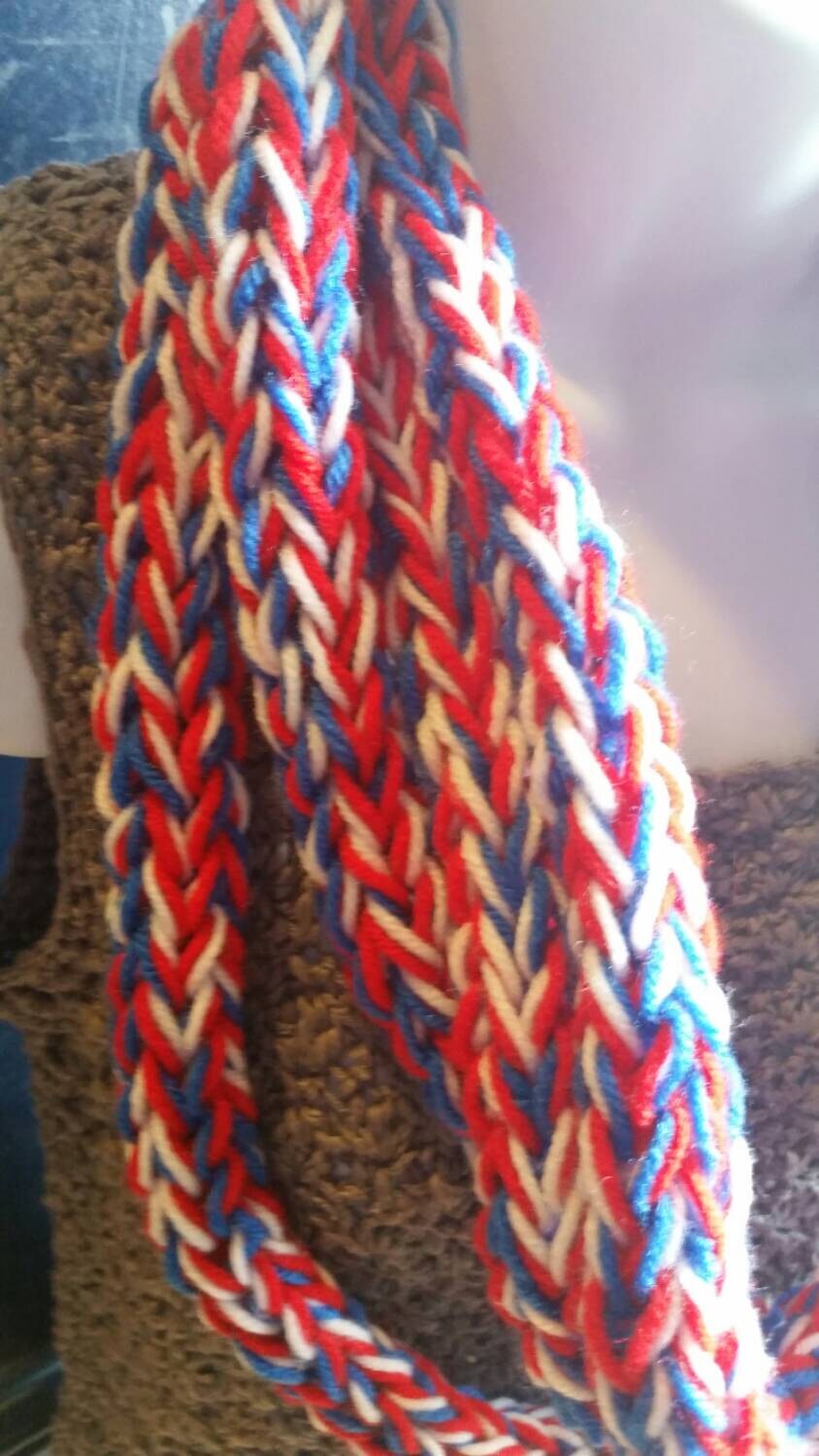 Finger Knit Infinity Scarf (red, White and Blue), Handcrafted Knit ...