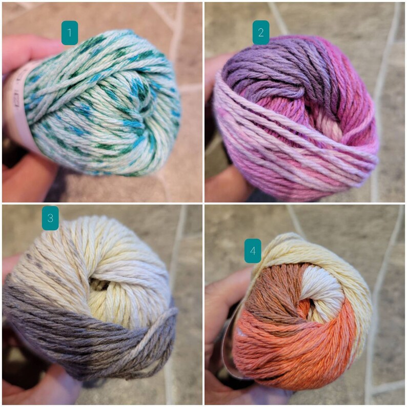 May include: Four balls of yarn in different color combinations. The first ball is green and blue, the second is purple and pink, the third is gray and cream, and the fourth is orange and brown.