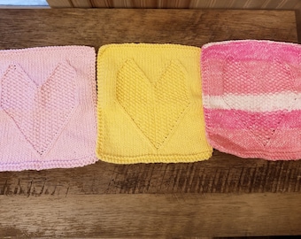 heart face cloths, heart dish cloths, a set of 2 dish/face cloths, knit face cloth, knit dish cloth,  seed stitch heart 33 colors available