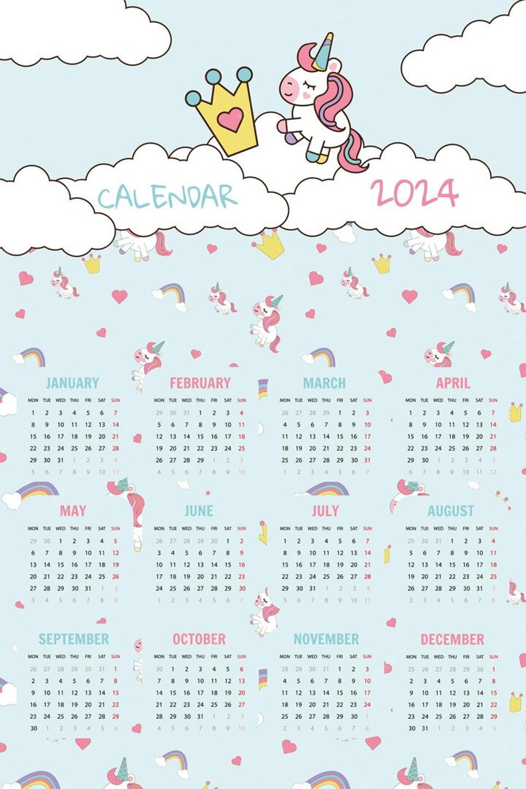 Pink Unicorn 2024 Calendar Etsy