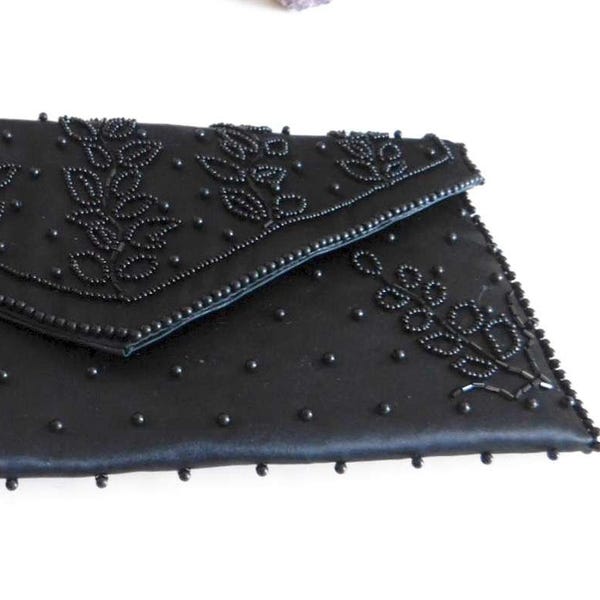 Vintage Black Satin Clutch, Black Beaded Clutch, Made in Japan