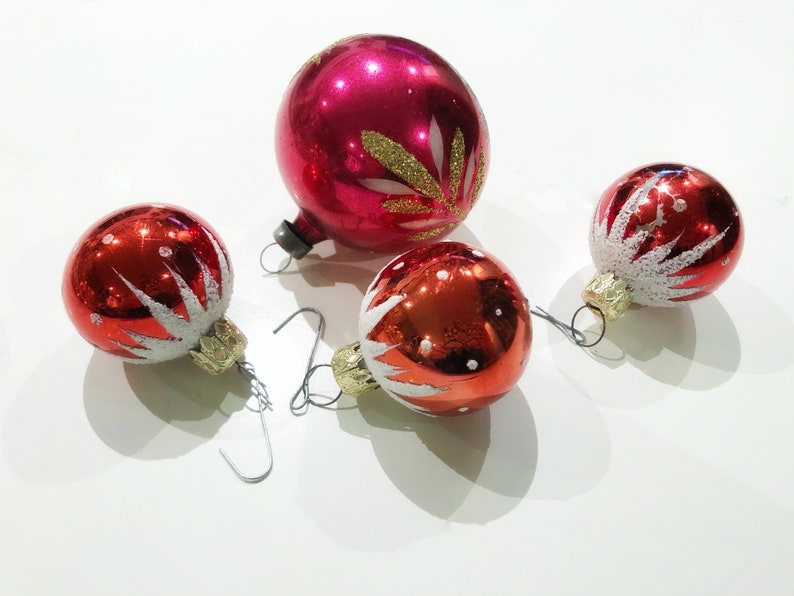 red hand painted ornaments Vintage glass ornaments made in Poland mixed set of vintage ornaments