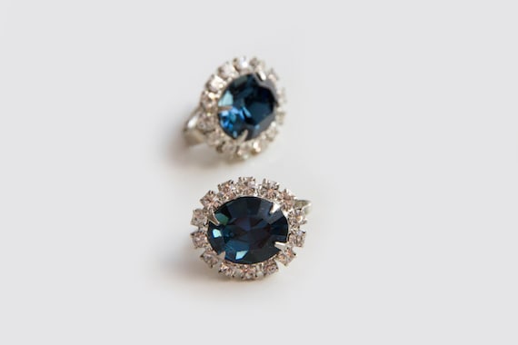 Royal blue glass and CZ Clip earrings, Unsigned ea