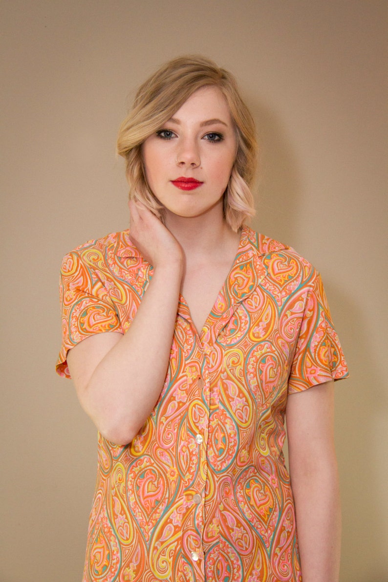 Orange paisley Vintage Paisley shirt dress Signed Timely Fashions Bright Orange yellow teal Paisley Print