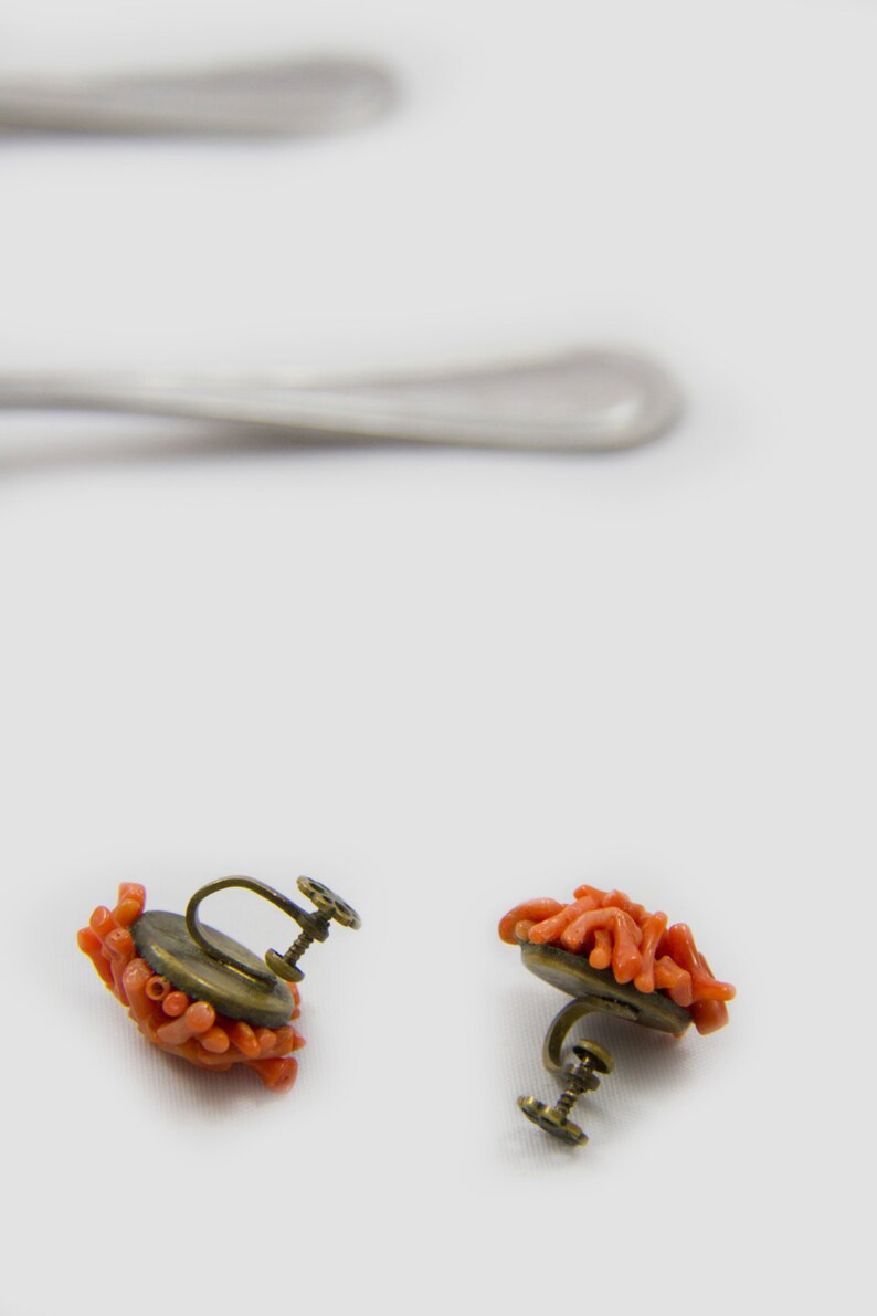 Antique coral branch earrings unsigned earrings brass screw style earrings