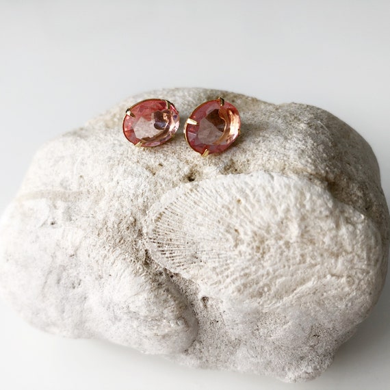 Pink gem earrings, stud earrings, gold and pink, … - image 3