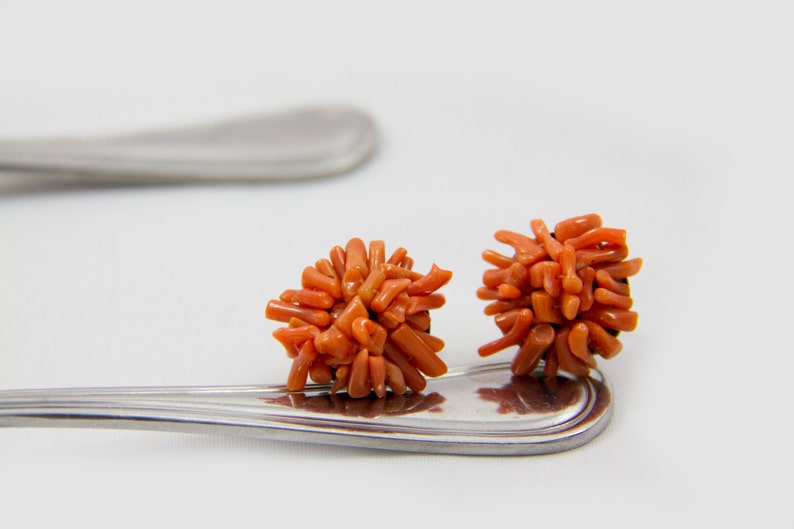 Antique coral branch earrings unsigned earrings brass screw style earrings