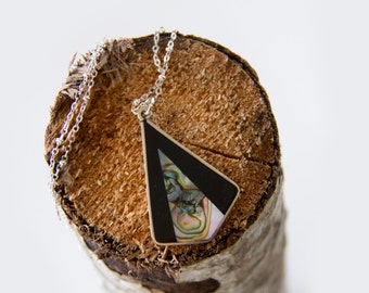 Abalone pendant necklace, Art Deco pendant necklace, Sterling abalone and black onyx pendant