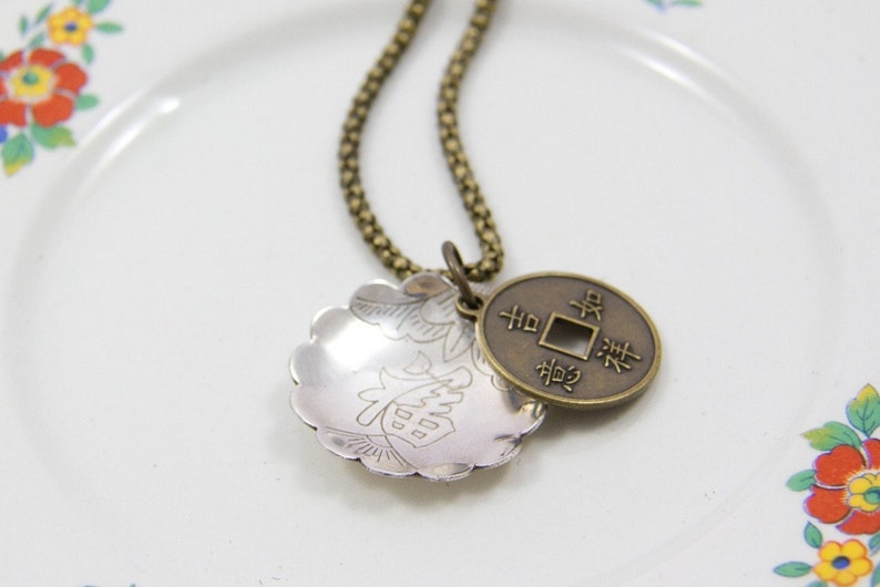 Antique Brass necklace Chinese Silvertoned and Brass Charm Pendant