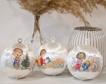Vintage silk ornaments, precious moments design, cutesy Christmas ornaments, Wilton Christmas decor, Christmas original