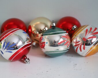 Vintage Christmas ornaments, large glass ornaments, mixed set of 6, Poland ornaments