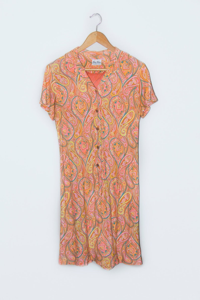 Orange paisley Vintage Paisley shirt dress Signed Timely Fashions Bright Orange yellow teal Paisley Print
