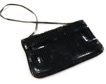 Black tile purse, Retro shoulder bag, Black shiny shoulder bag